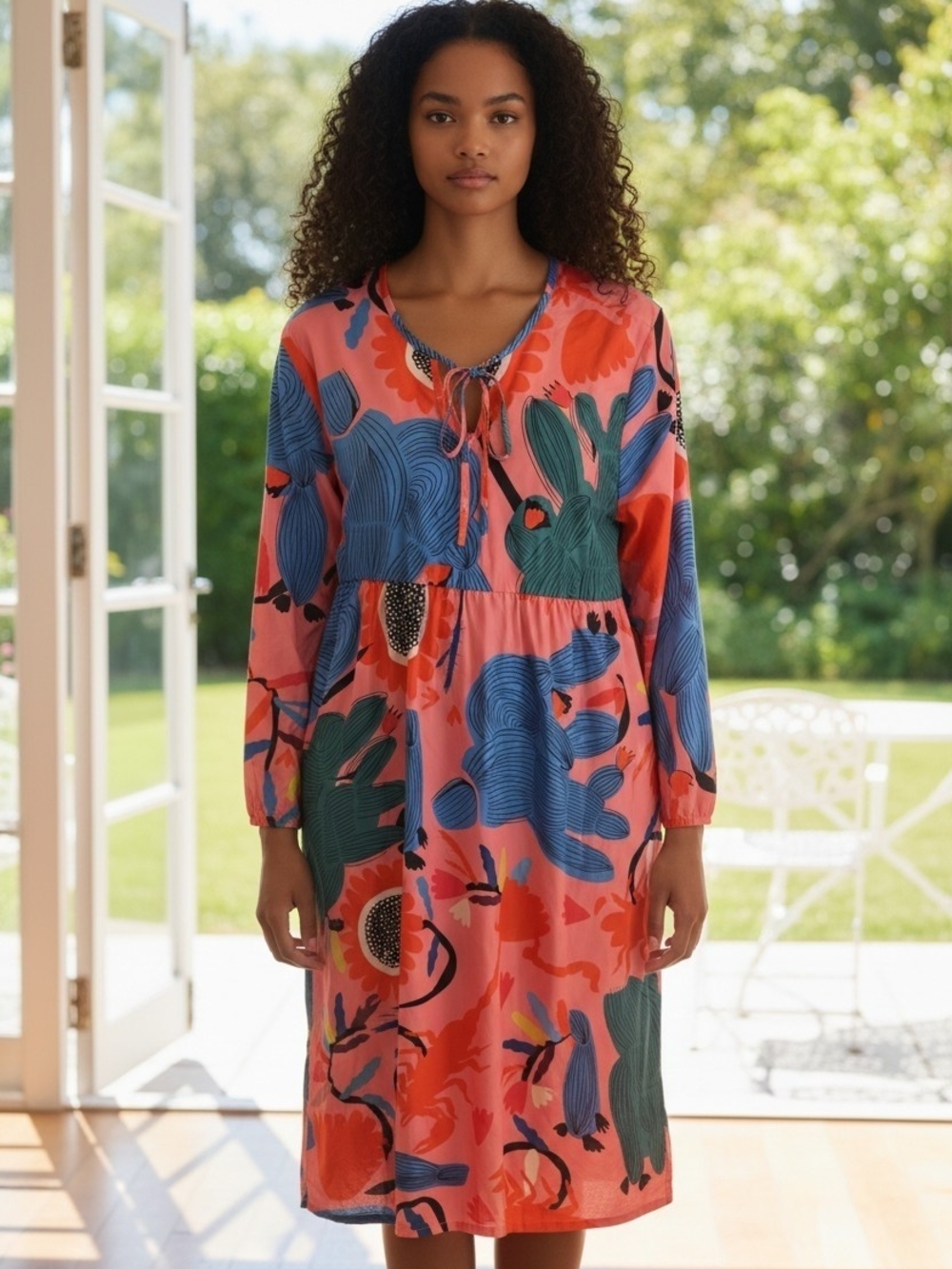Vibrant Coral Floral Tie-Neck Midi Dress